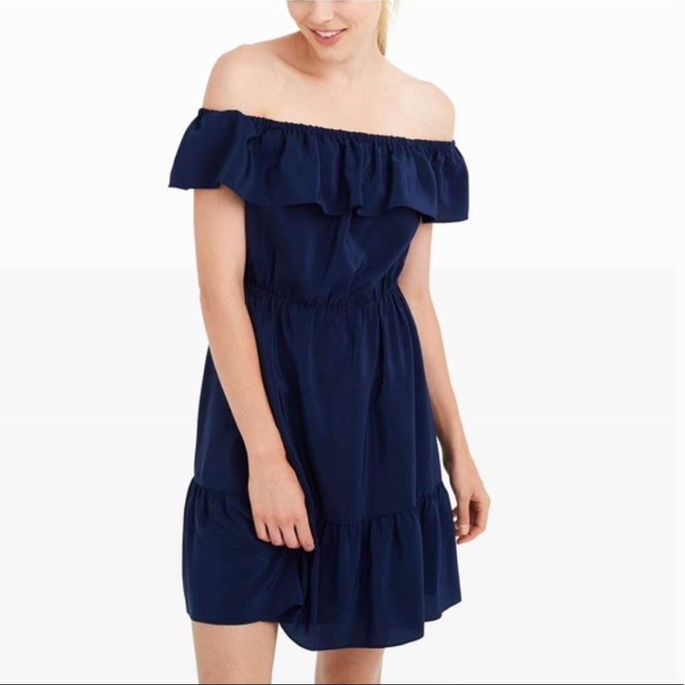 Club Monaco navy silk off shoulder dress
